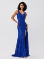 Sheath V-neck Sequin Sweep Train Lace Porm Dress