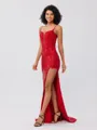 Sheath Spaghetti Straps Appliques Lace Sweep Train Sequins Corset Porm Dress