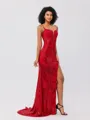 Sheath Spaghetti Straps Appliques Lace Sweep Train Sequins Corset Porm Dress