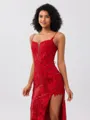 Sheath Spaghetti Straps Appliques Lace Sweep Train Sequins Corset Porm Dress