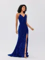 Sheath V-neck Sweep Train Velvet Sequins Porm Dress