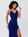 Sheath V-neck Sweep Train Velvet Sequins Porm Dress
