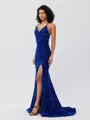 Sheath V-neck Sweep Train Velvet Sequins Porm Dress