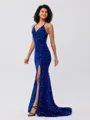 Sheath V-neck Sweep Train Velvet Sequins Porm Dress