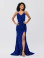 Sheath V-neck Sweep Train Velvet Sequins Porm Dress