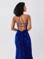 Sheath V-neck Sweep Train Velvet Sequins Porm Dress
