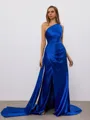 Sheath Straight Pleated Sweep Train Silk Like Satin Porm Dress