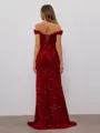 Sheath Off-the-Shoulder Pleated Sweep Train Velvet Sequins Porm Dress