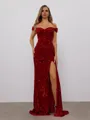 Sheath Off-the-Shoulder Pleated Sweep Train Velvet Sequins Porm Dress