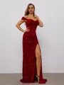 Sheath Off-the-Shoulder Pleated Sweep Train Velvet Sequins Porm Dress