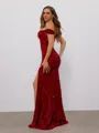 Sheath Off-the-Shoulder Pleated Sweep Train Velvet Sequins Porm Dress