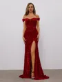Sheath Off-the-Shoulder Pleated Sweep Train Velvet Sequins Porm Dress