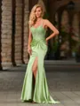 Sheath V-neck Appliques Lace Sweep Train Silk Like Satin Corset Porm Dress