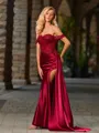 Sheath Off-the-Shoulder Appliques Lace Sweep Train Silk Like Satin Corset Porm Dress