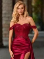 Sheath Off-the-Shoulder Appliques Lace Sweep Train Silk Like Satin Corset Porm Dress