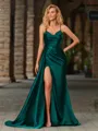 Sheath V-neck Pleated Sweep Train Silk Like Satin Porm Dress