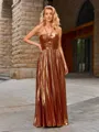 A-line Halter Pleated Floor-Length Metallic Satin Porm Dress