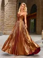 A-line Halter Pleated Floor-Length Metallic Satin Porm Dress