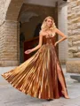 A-line Halter Pleated Floor-Length Metallic Satin Porm Dress