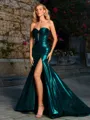 Sheath Sweetheart Pleated Court Train Metallic Satin Corset Porm Dress