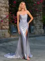 Sheath Cowl Pleated Court Train Metallic Satin Corset Porm Dress