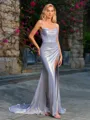 Sheath Cowl Pleated Court Train Metallic Satin Corset Porm Dress