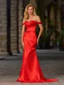 Sheath Off-the-Shoulder Pleated Court Train Silk Like Satin Porm Dress