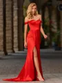 Sheath Off-the-Shoulder Pleated Court Train Silk Like Satin Porm Dress