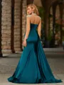 Sheath High Neck Long Sleeves Rhinestone Sweep Train Silk Like Satin Porm Dress