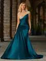 Sheath High Neck Long Sleeves Rhinestone Sweep Train Silk Like Satin Porm Dress