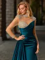 Sheath High Neck Long Sleeves Rhinestone Sweep Train Silk Like Satin Porm Dress