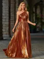 A-line One-Shoulder Pleated Floor-Length Metallic Satin Porm Dress
