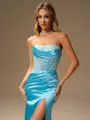 Sheath Straight Appliques Lace Sweep Train Silk Like Satin Corset Porm Dress