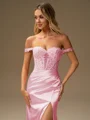 Sheath Off-the-Shoulder Appliques Lace Sweep Train Silk Like Satin Corset Porm Dress