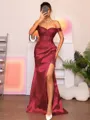 Sheath Off-the-Shoulder Appliques Lace Sweep Train Silk Like Satin Corset Porm Dress