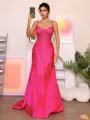 Sheath Spaghetti Straps Appliques Lace Sweep Train Satin Corset Porm Dress