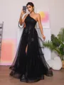A-line One-Shoulder Appliques Lace Floor-Length Tulle Porm Dress