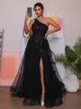A-line One-Shoulder Appliques Lace Floor-Length Tulle Porm Dress