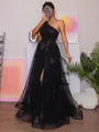 A-line One-Shoulder Appliques Lace Floor-Length Tulle Porm Dress
