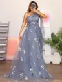 A-line One-Shoulder Appliques Lace Sweep Train Lace Porm Dress