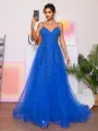 A-line V-neck Appliques Lace Sweep Train Tulle Porm Dress