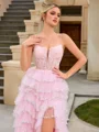 A-line Spaghetti Straps Appliques Lace Sweep Train Tulle Corset Porm Dress