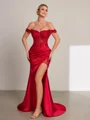 Sheath Off-the-Shoulder Appliques Lace Sweep Train Elastic Woven Satin Corset Porm Dress