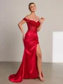 Sheath Off-the-Shoulder Appliques Lace Sweep Train Elastic Woven Satin Corset Porm Dress
