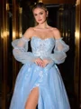 A-line Straight Long Sleeves Appliques Lace Sweep Train Tulle Corset Convertible Porm Dress