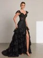 Sheath Sweetheart Appliques Lace Sweep Train Tulle Corset Porm Dress