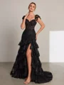 Sheath Sweetheart Appliques Lace Sweep Train Tulle Corset Porm Dress