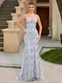 Sheath V-neck Sequin Sweep Train Lace Porm Dress