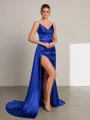 Sheath V-neck Pleated Sweep Train Elastic Woven Satin Porm Dress