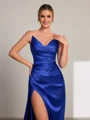 Sheath V-neck Pleated Sweep Train Elastic Woven Satin Porm Dress